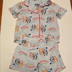 BLUEY Toddler 2T Light Blue Rainbow Pajama Set Short Sleeve & Shorts Button Up